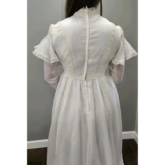 Vintage 70s Cream Prairie Dress Victorian Peasant Cottage Lace Boho Wedding Gown - Picture 14 of 16